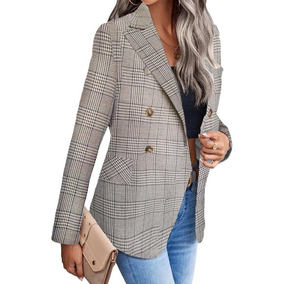 Business Work Tweed Plaid Jacket Suit Pocket Plaid/Brown - Picture 4 of 6